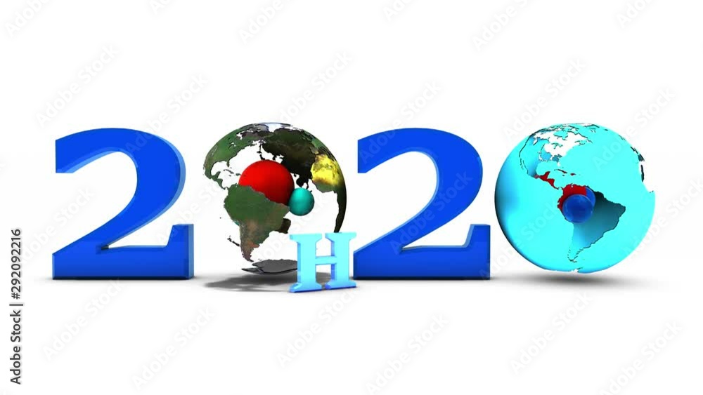 Poster 3d animation of the date 2020 new year. the composition is formed by two rotating globes with an alp
