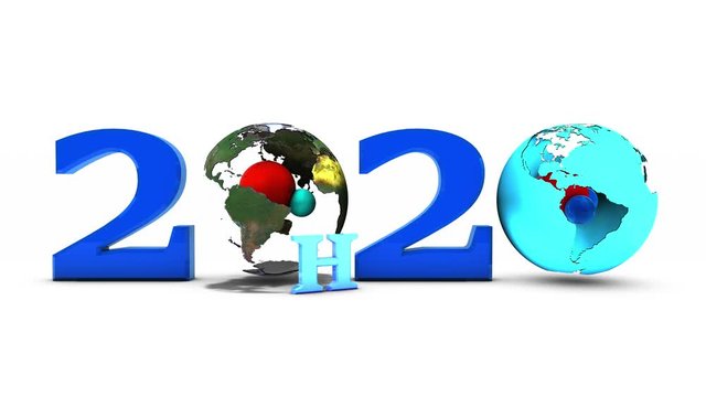3D animation of the date 2020 new year. The composition is formed by two rotating globes with an alpha channel and a water molecule.