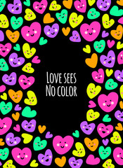 Fototapeta premium Cute childish background with funny kawaii cartoon characters of hearts in 80s style
