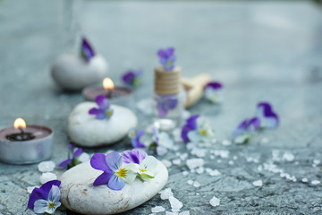 Gentle still life with violet pansies and props for spa treatments, white bath salt, burning candles and stones for a hot massage