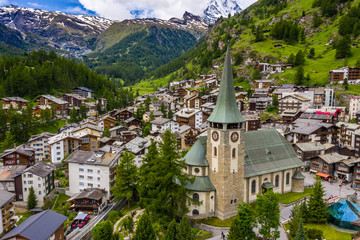 Peaceful aerial scenery of Zermatt valley and Matterhorn peak 