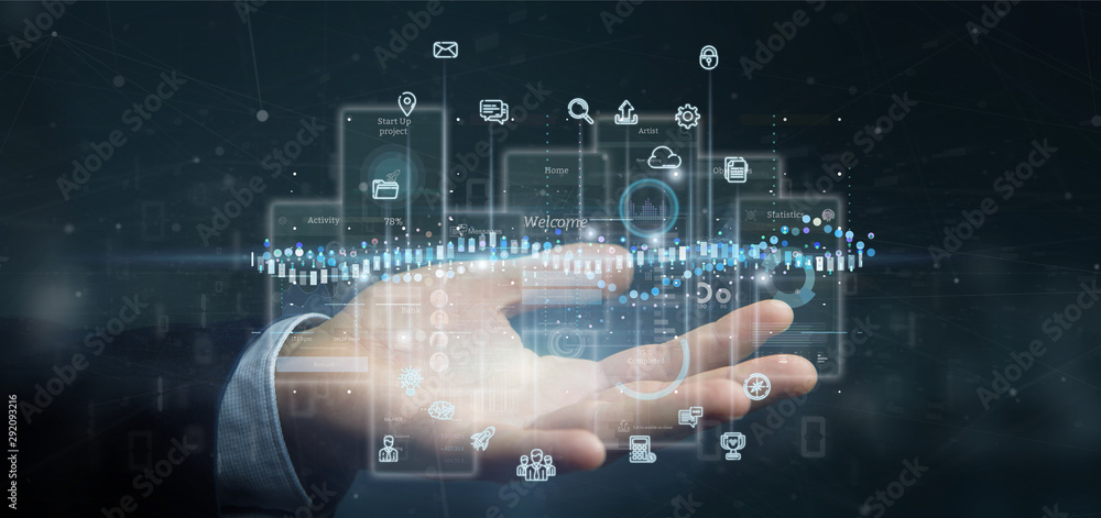 Poster businessman holding user interface screens with icon, stats and data 3d rendering