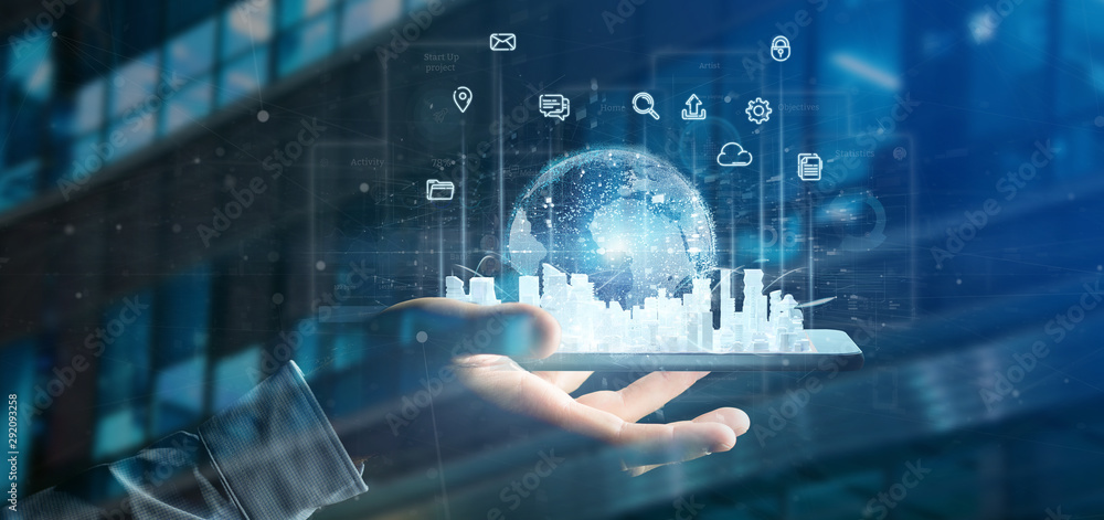 Poster businessman holding smart city user interface with icon, stats and data 3d rendering