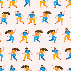 Seamless pattern young man and woman friends dancing together to party music on isolated background. Stylish people at festival event, outdoor concert or club dance floor. Flat simple style