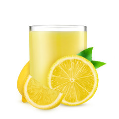 Glass of fresh lemon juice on white background