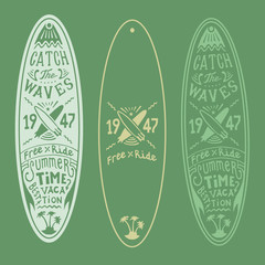 vector surf board poster lettering logo hand drawing, print color green and yellow