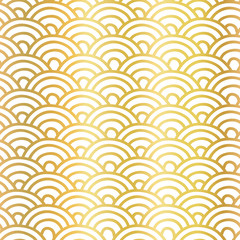 Materiał do szycia Gold foil fish scale seamless vector pattern. Repeating geometrical metallic golden background. Hand drawn half circles golden on white. Abstract elegant design for decor, wallpaper, gift wrap, cards