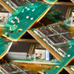 seamless pattern various chips, digital boards. Components of technical devices in creative...
