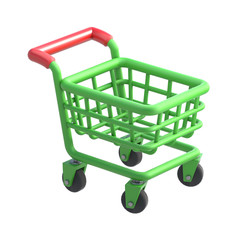 Cute Green Painted Shopping Cart with red handle on Isolated White Background. 3D Illustration 