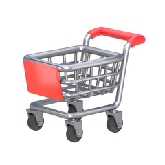 Cute Metal Shopping Cart with red handle on Isolated White Background. 3D Illustration 