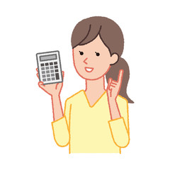 電卓を持って喜ぶ女性