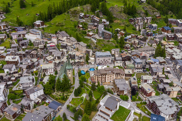 Aerial view of houses and villages in Zermatt valley, Switzerland