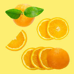 Set orange fruit slice on yellow background.
