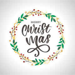 Christmas ornament wreath frame vector illustration set with red berries, green leaves, pine cone and cute Christmas ornaments.