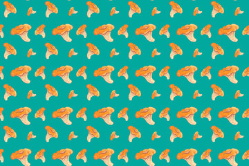 Seamless pattern with mushroom chanterelle painted with watercolor. Isolated on turquoise background. The element of autumn set