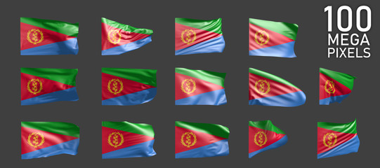 14 different realistic renders of Eritrea flag isolated on grey background - 3D illustration of object