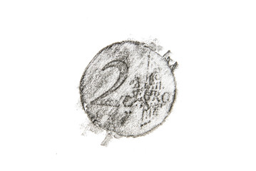Pencil drawing two euro coin on white paper
