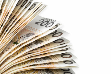 Range of polish 200 zloty banknotes, macro shot. Isolated on white. Clipping Path included.