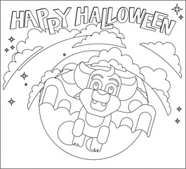 A Halloween cute vampire bat flying in front of the moon in a cartoon in outline