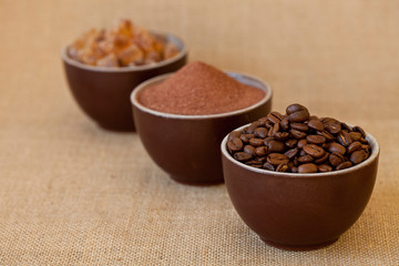 Stiill Life With Brown Mugs, Sugar And Coffee