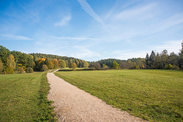 Summer landscape with green grass, road and clouds