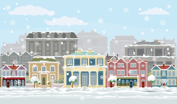 A Christmas street scene with victorian and georgian style houses, shops and other buildings in the snow. Seamlessly tilable so you van make longer images.