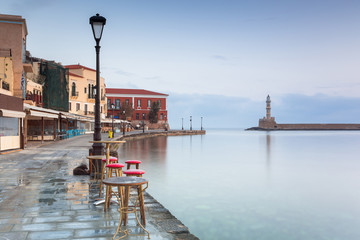 Old Venetian port of Chania at dawn, Crete island. Greece