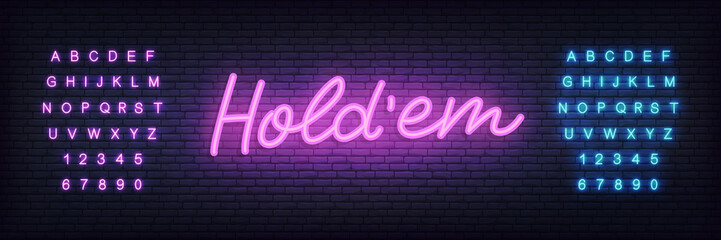 Holdem poker neon sign. Glowing lettering template for poker club