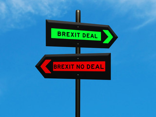 Brexit deal vs brexit no deal concept 3d sign on a signpost against a blue sky background