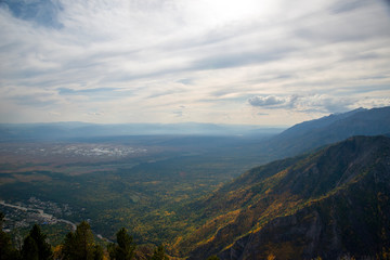  The mountain ranges of Satan and Hamar-Daban. Mountain peaks and valleys. Mountain landscape. The nature of Siberia.