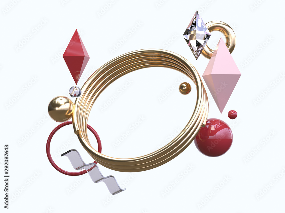 Poster gold frame abstract geometric shape levitation 3d rendering white background