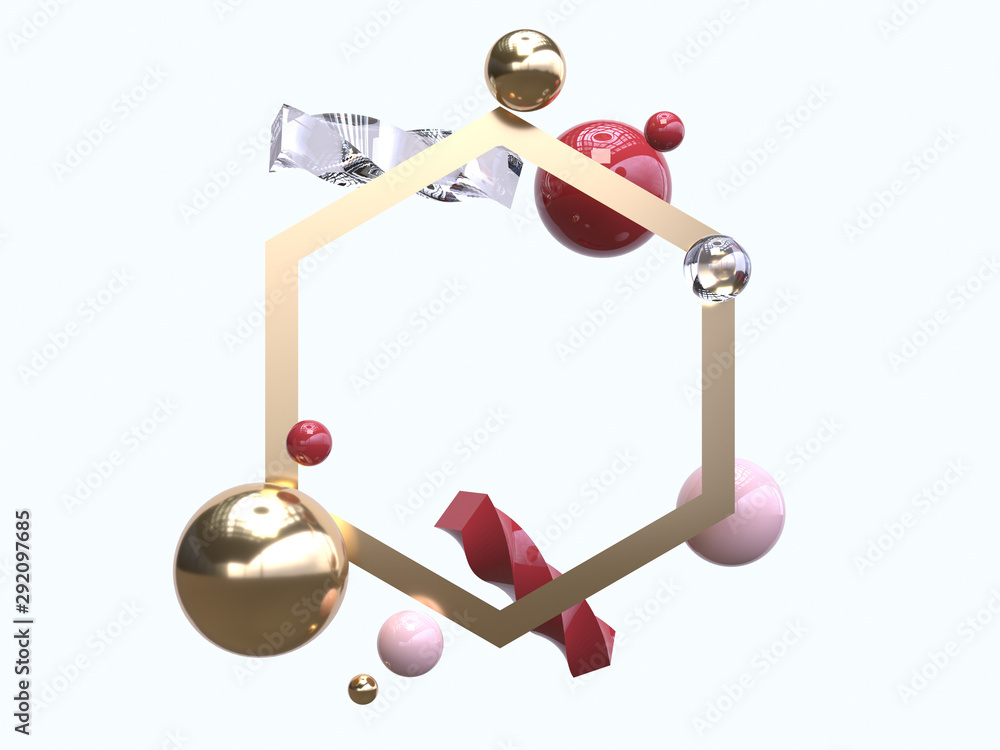 Poster gold frame abstract geometric shape levitation 3d rendering white background