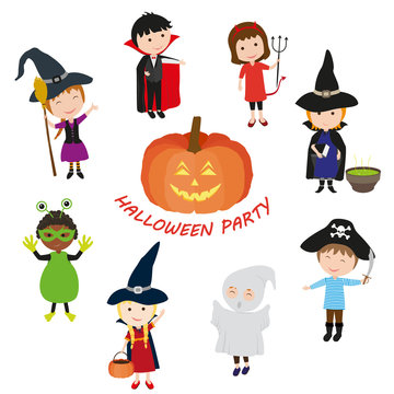 Halloween party. Cute children in holiday costumes for Halloween: Dracula, witches, ghost, imp, pirate, monster. Halloween pumpkin. Vector illustration.