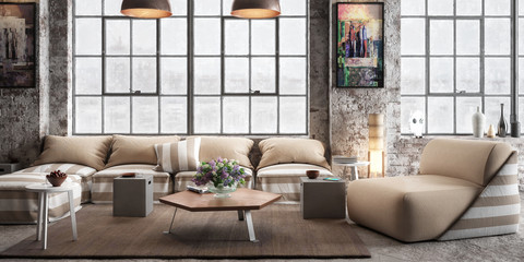 Industrial Luxury Loft with Furniture (panoramic) - 3d visualization