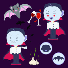Cartoon Dracula and Bats, Vampire, Halloween Theme, Glass of Blood, Stinky Garlic, Funny Icon Logo Avatar with Purple Background