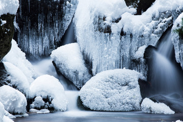 details of a frozen creek in heavy winter