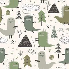 Fotobehang Scandinavische stijl Schattig dino naadloos patroon met jungle-thema. Kinderachtige dinosaurus met handgetekende boom, berg en wolken in Scandinavische stijl.