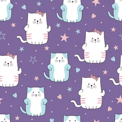 Gordijnen Schattige katten tekenstijl naadloze cartoon patroon. Grappige kat dier tekening achtergrond vectorillustratie klaar voor baby en kids mode textiel print. © ngupakarti