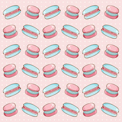 Seamless pattern of sweets, cookies, marshmallow, macaron in vector. Sweet pastries and pastry isolated on white background. Hand drawn in vintage style. Delicate, pastel colors. 