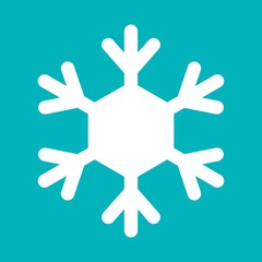 Snowflake sign. White Snowflake icon isolated on blue background. Snow flake silhouette. Symbol of snow, holiday, cold weather, frost.