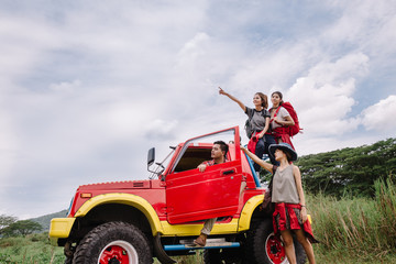 Obraz premium Group of Friends Asian Camp Forest Adventure Travel Remote Relax Concept, mountain view. 