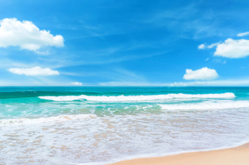 Beautiful tropical beach with blue sky and white clouds abstract texture background. Copy space of summer vacation and holiday business travel concept.
