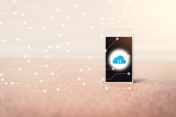 Smart phone on tropical sunset beach with cloud icon and line dot abstract background. Technology business and travel nature concept.