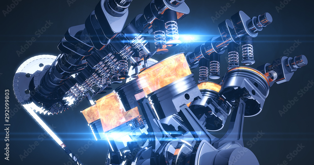 Poster high tech v8 diesel engine with explosions. pistons and other mechanical parts - 3d illustration ren
