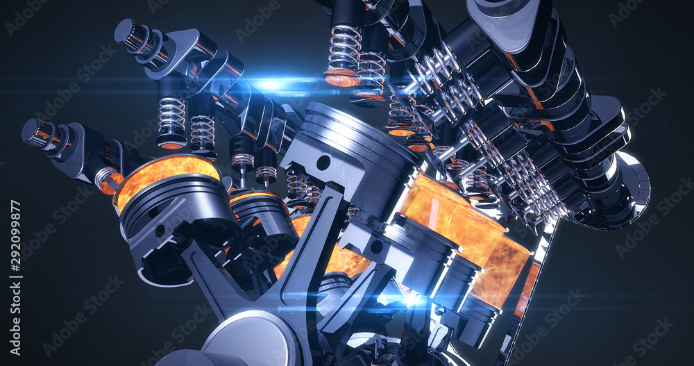Poster High Tech V8 Diesel Engine With Explosions. Pistons And Other Mechanical Parts - 3D Illustration Render