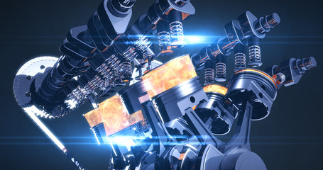 High Tech V8 Diesel Engine With Explosions. Pistons And Other Mechanical Parts - 3D Illustration Render