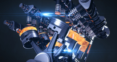 Fototapeta High Tech V8 Diesel Engine With Explosions. Pistons And Other Mechanical Parts - 3D Illustration Render obraz