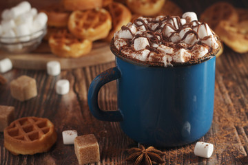 A mug with hot chocolate with marshmallow