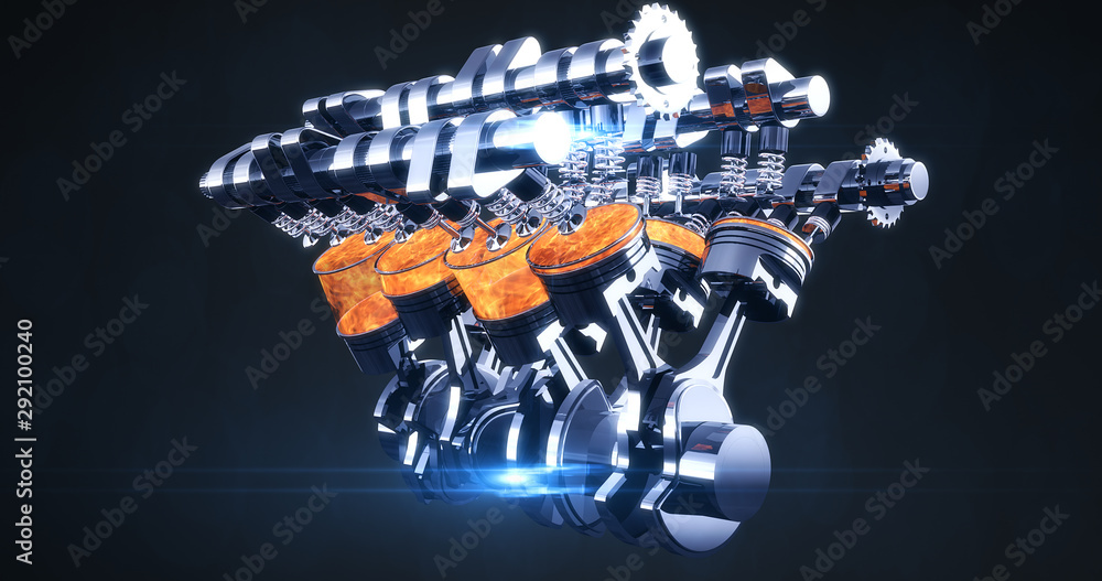 Poster complete rotating fuel injected v8 engine with explosions. pistons and other mechanical parts - 3d i
