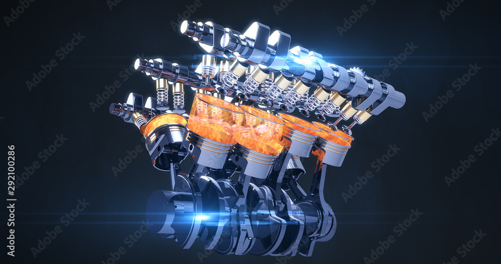 Poster Power Hungry Rotating V8 Engine Producing Power. Pistons And Other Mechanical Parts - 3D Illustration Render
